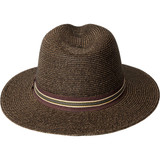 Bailey 1922 Hester Fedora in Chocolate: a braided straw summer hat with a 2 1/4 inch turn-down brim and striped grosgrain band.
