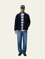 Les Deux Patch Teddy Jacket in navy with embroidered patches and zip front