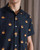 Far Afield short sleeve classic shirt in bci cotton and linen. Sun print in navy.