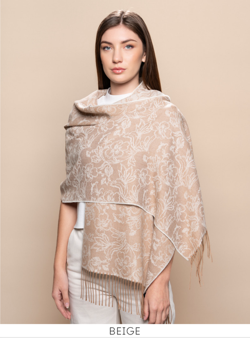 Undyed Floral Jacquard Alpaca Shawl