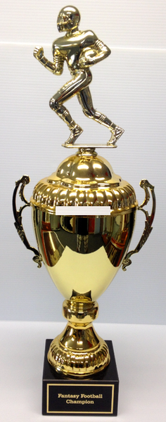 Fantasy Football: Gold Football Runner on Gold Metal Cup on Black Marble Base 26" Tall 