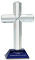 Crystal Cross with Blue Pedestal Base 9" Tall