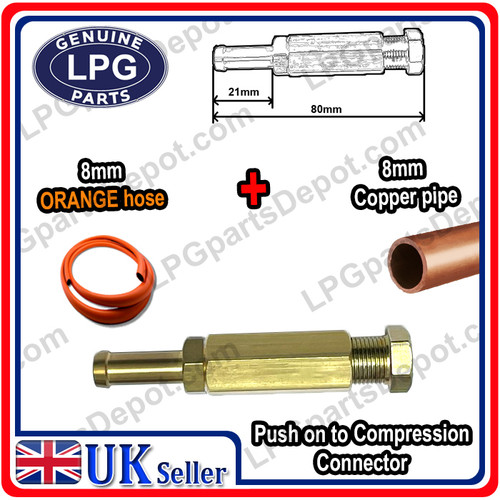 8mm ORANGE gas hose connector to 8mm Copper pipe