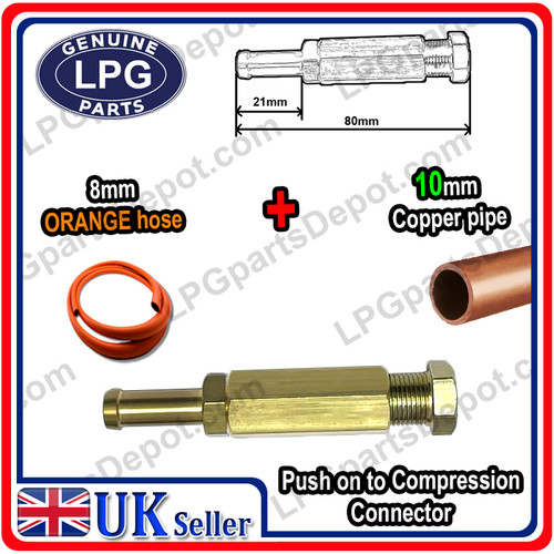 8mm ORANGE gas hose connector to 10mm Copper pipe
