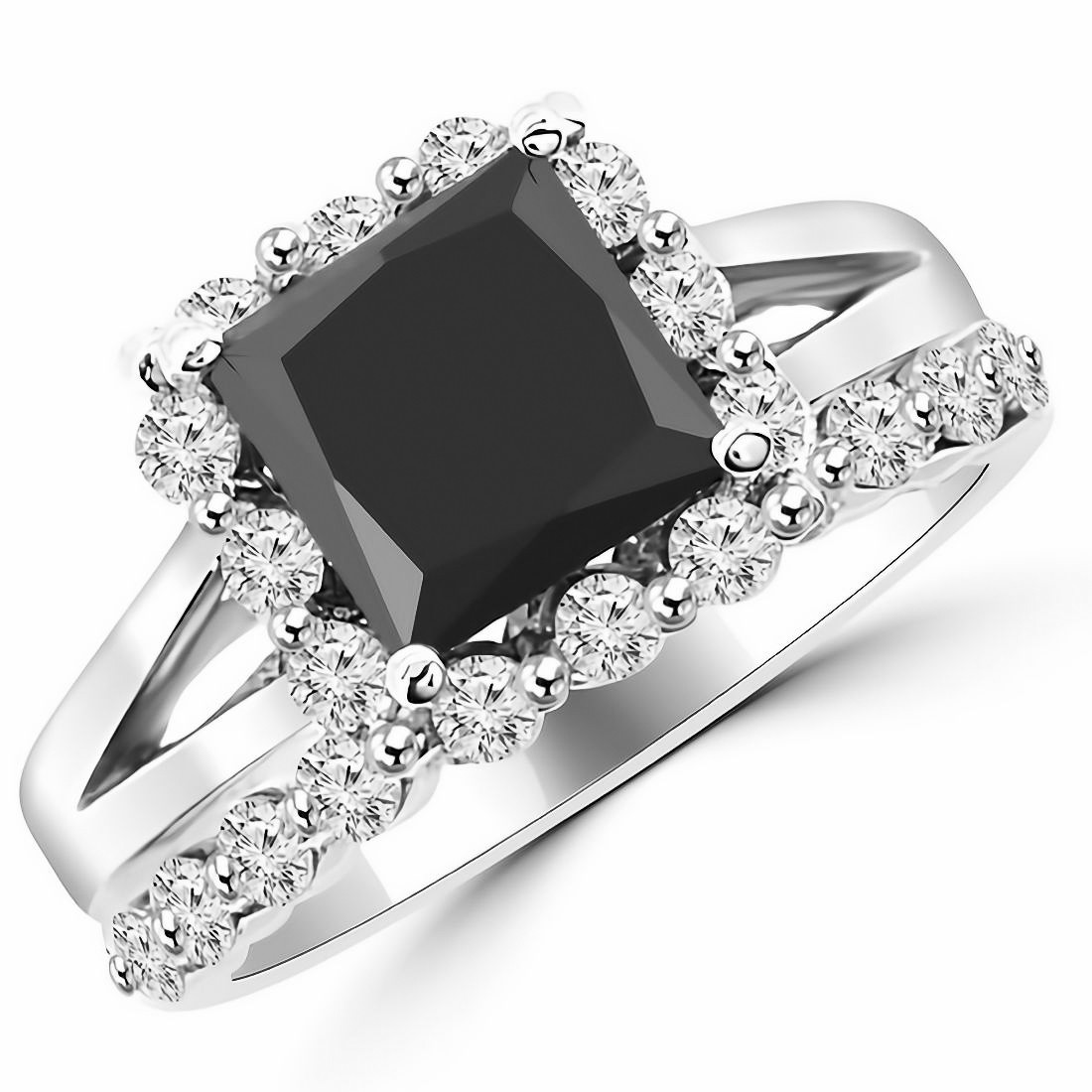 1.65 Carat Fancy Black Diamond Princess Cut Engagement Ring Set