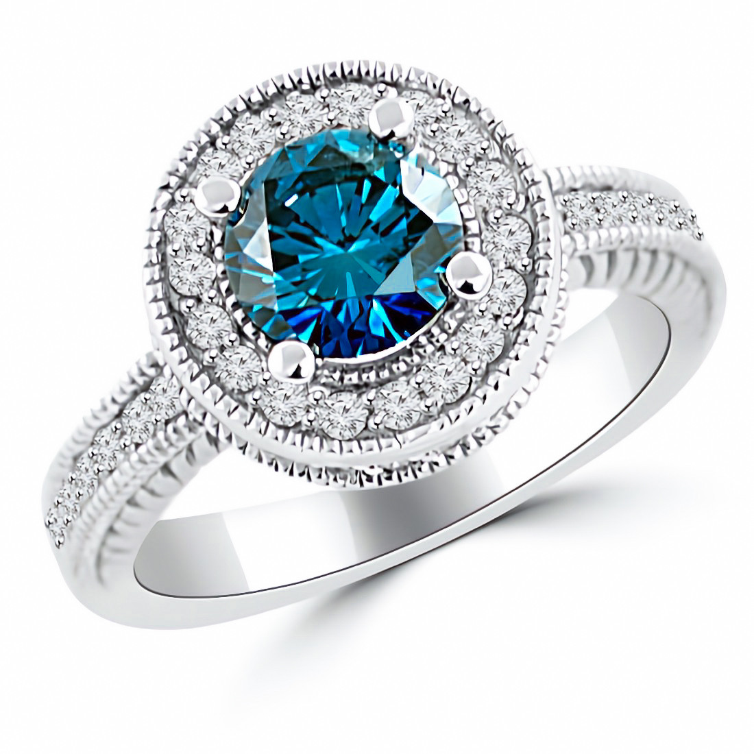 1.65ct Fancy Blue Diamond Halo Engagement Ring Split Band