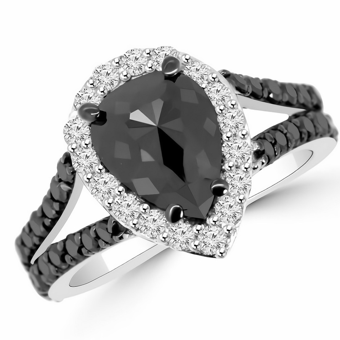 3.20ct Pear Cut Black Diamond Ruby Engagement Halo Ring