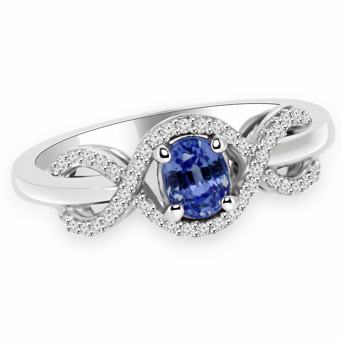 Blue Sapphire & Diamond Halo Engagement Ring With Split Band