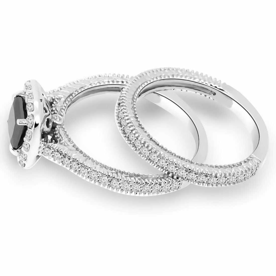 2.26ct Cushion Cut Black Diamond Halo Engagement Ring Set