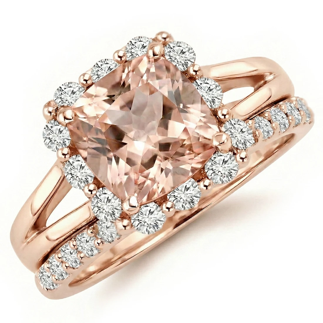 Peach Morganite Diamond Halo Engagement Ring Set in 14k Rose Gold