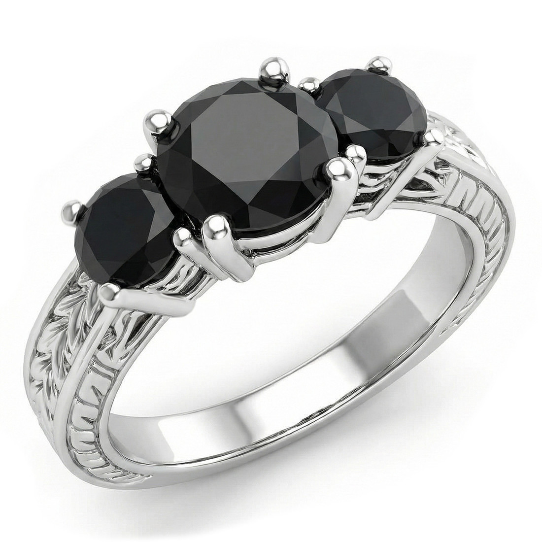 Black Diamond Engagement Ring Antique 3-Stone Design