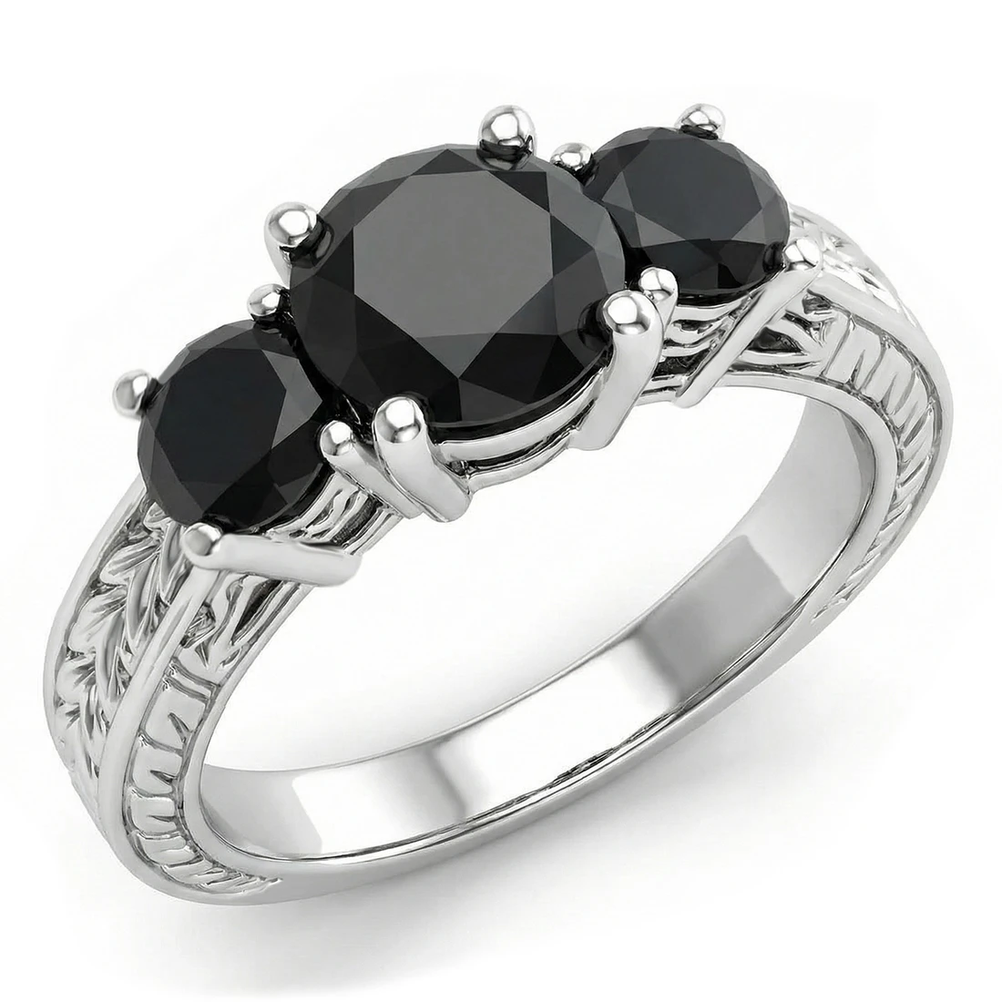 Black Diamond Engagement Ring Antique 3-Stone Design