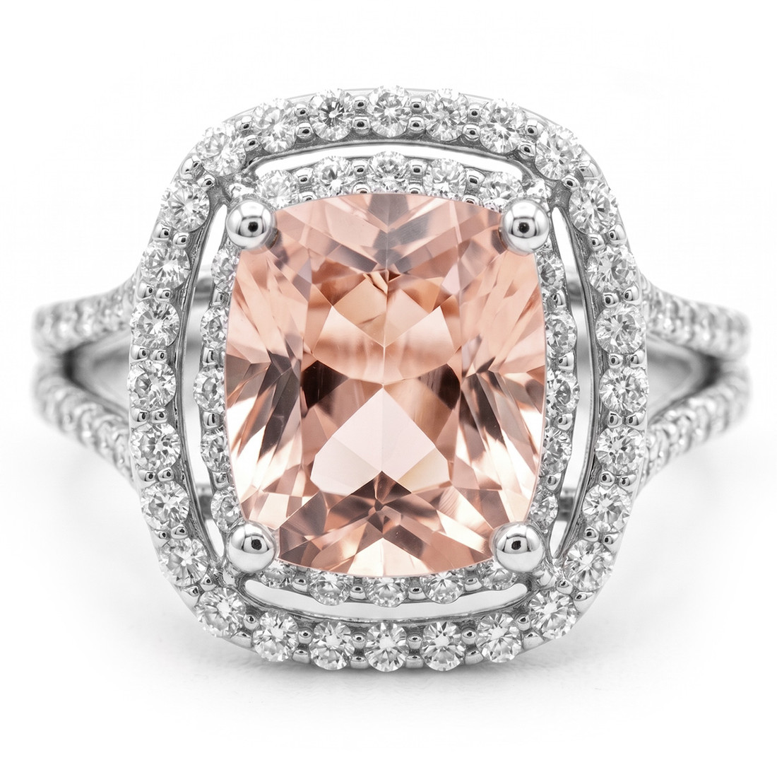 Cushion Cut Morganite and Diamond Double Halo Statement Ring
