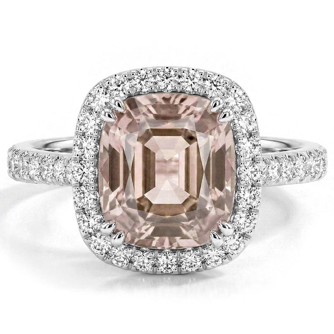 Peach Pink Cushion Cut Morganite Diamond Halo Statement Ring