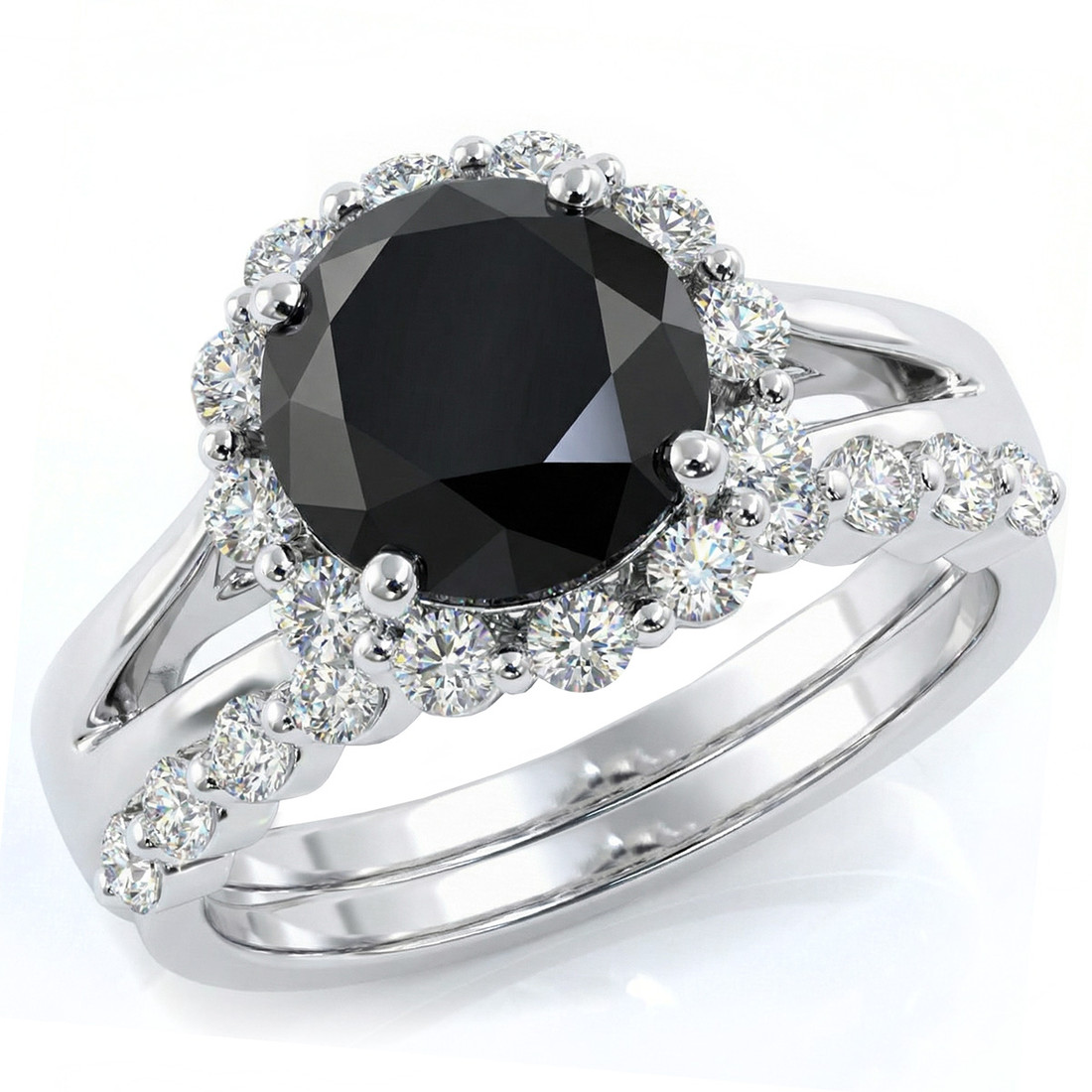 Large Black Diamond Halo Split Engagement Ring Set