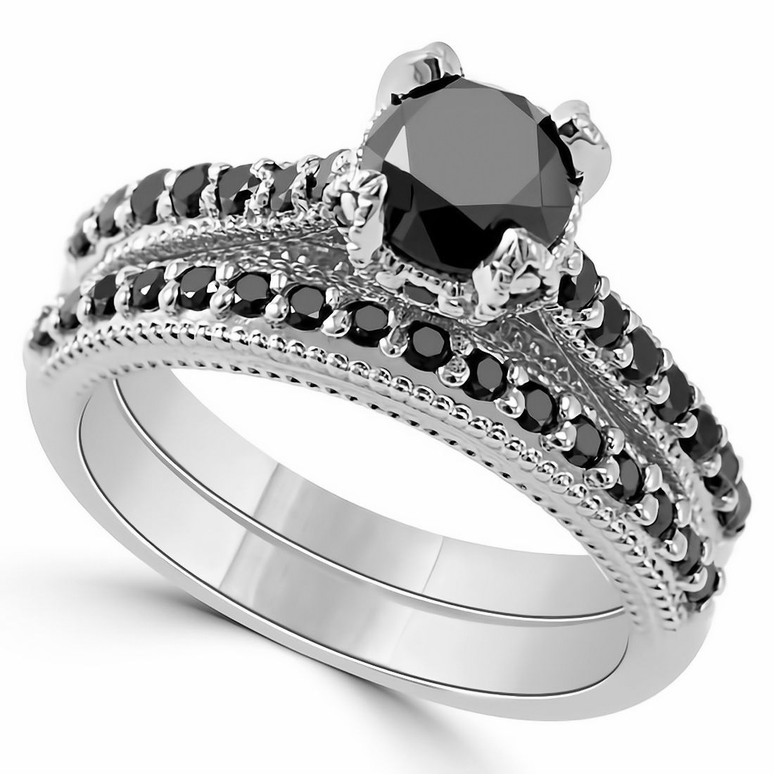 Unique Black Diamond Engagement Ring Set Vintage Style