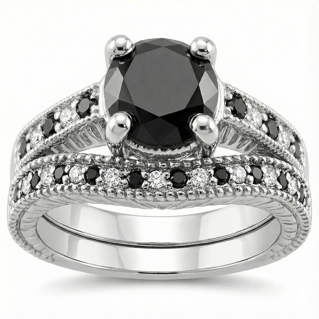 Black Diamond Matching Ring Set Vintage Style