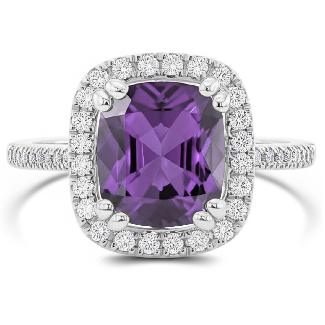 Cushion Cut Purple Amethyst and Diamond Halo Statement Ring