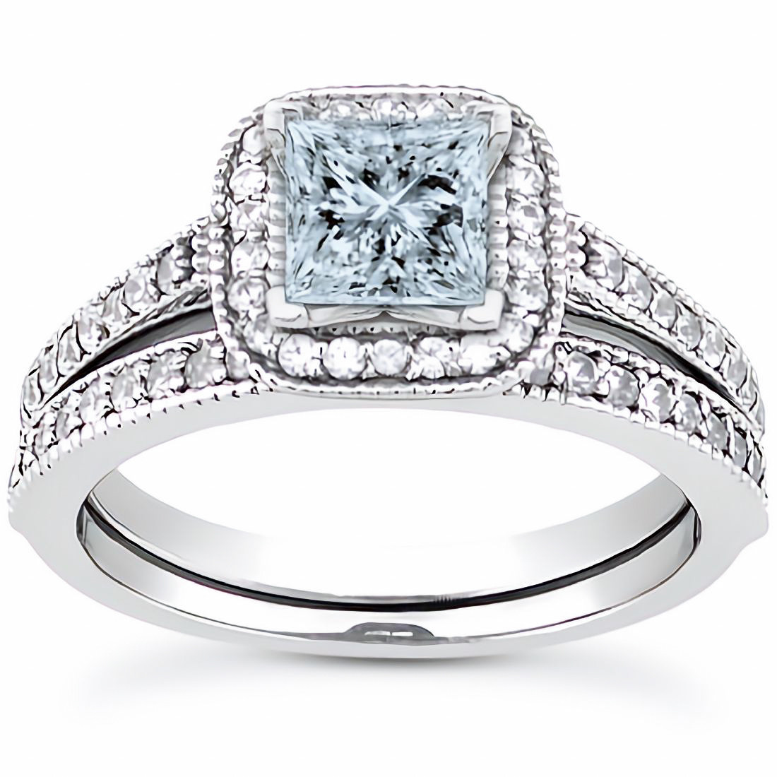 Princess Aquamarine Halo Engagement Ring Set
