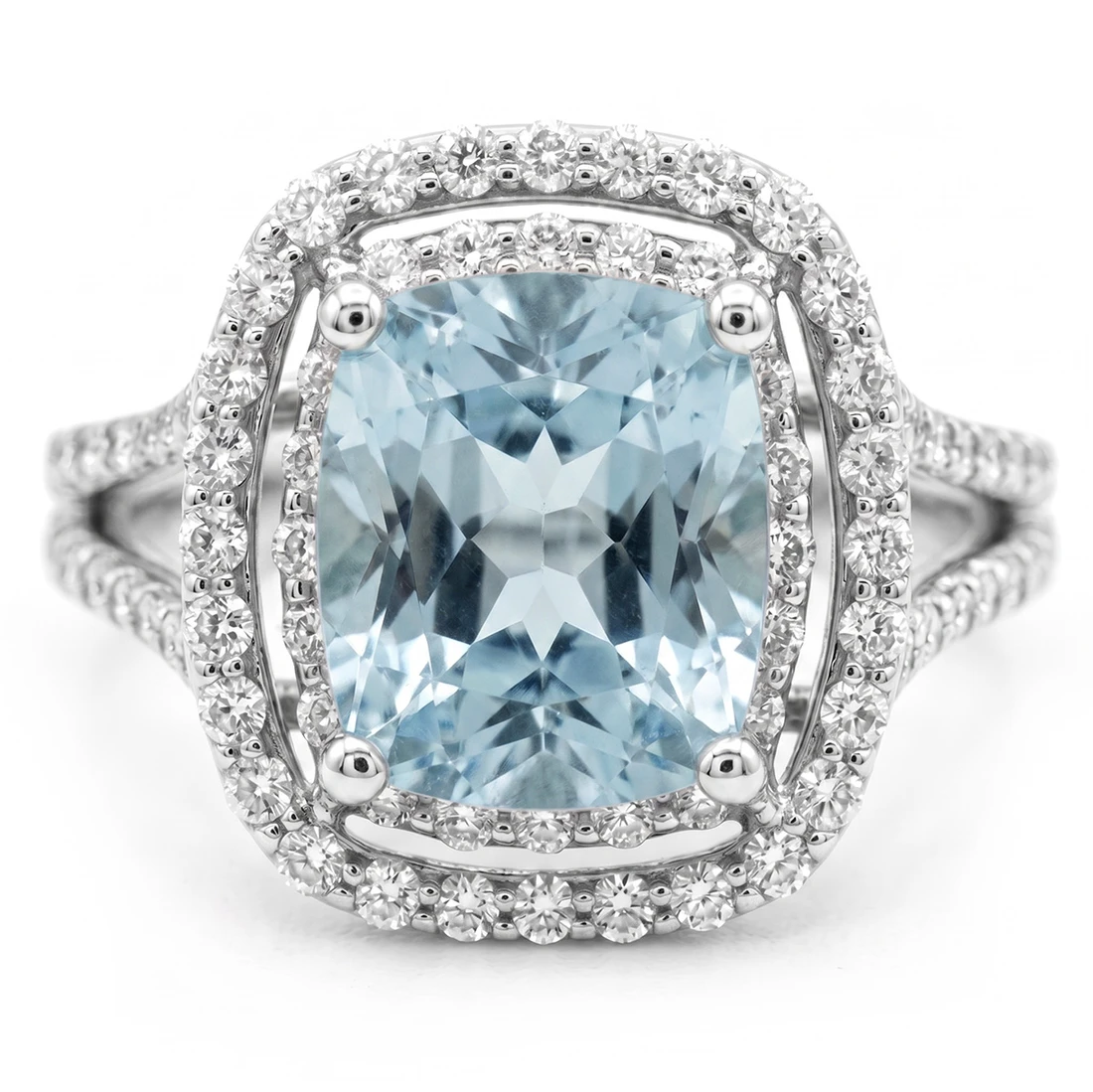 Blue Aquamarine and Diamond Double Halo Statement Ring Split Shank