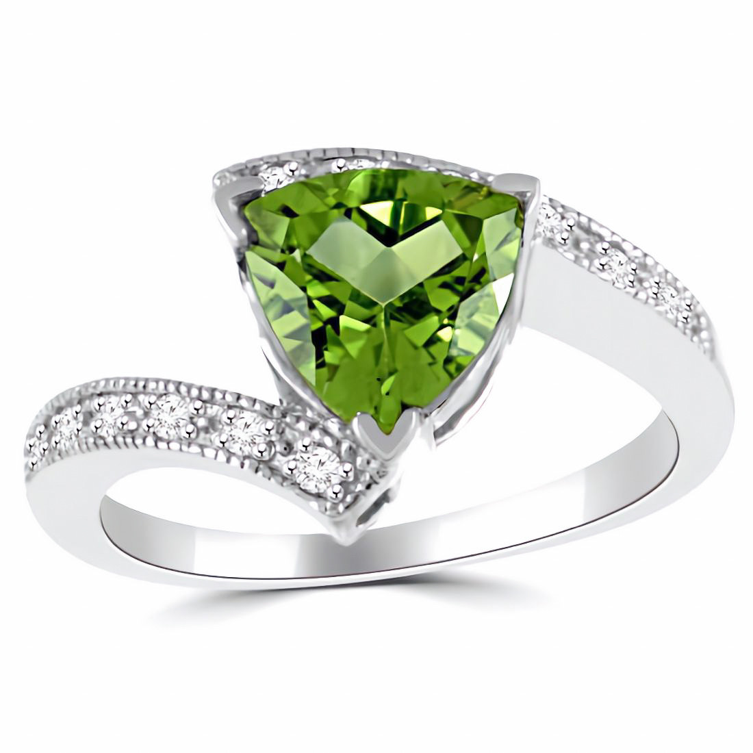 Triangular Cut Green Peridot Diamond Engagement Ring