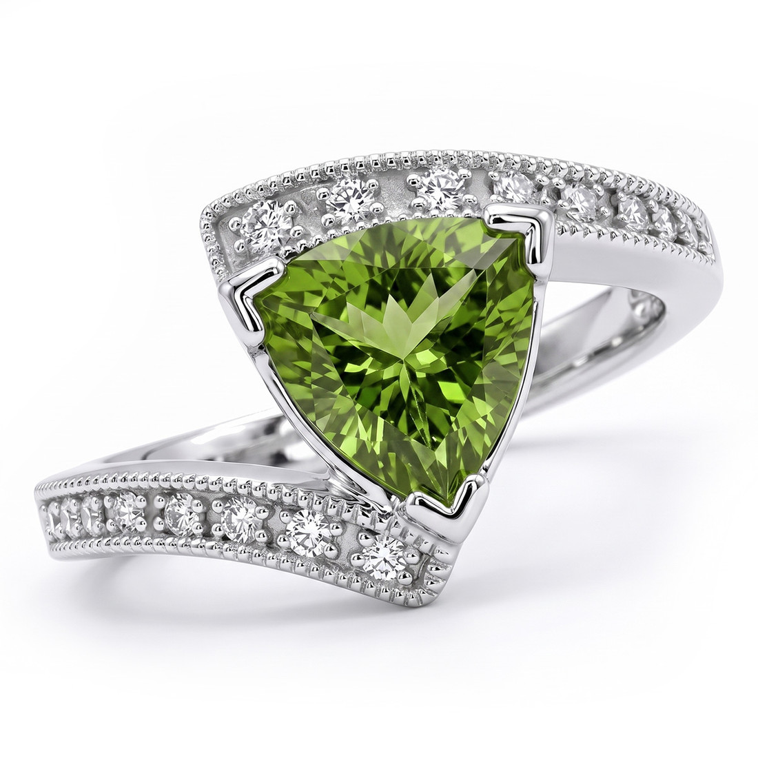 Triangular Cut Green Peridot Diamond Engagement Ring