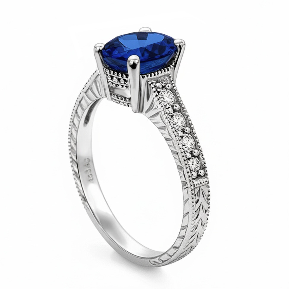 Oval Ceylon Blue Sapphire Diamond Vintage Style Engagement Ring