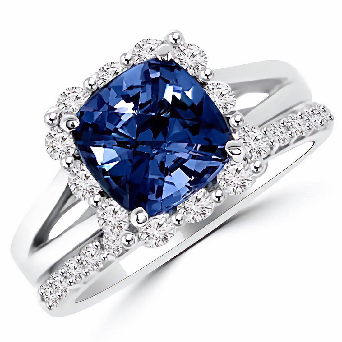 Cushion-Cut Blue Sapphire Diamond Engagement Ring Set
