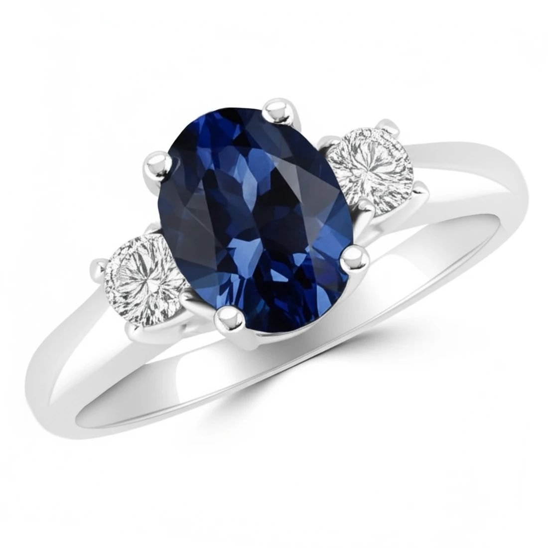 Oval Blue Sapphire Diamond 3 Stone Engagement Ring