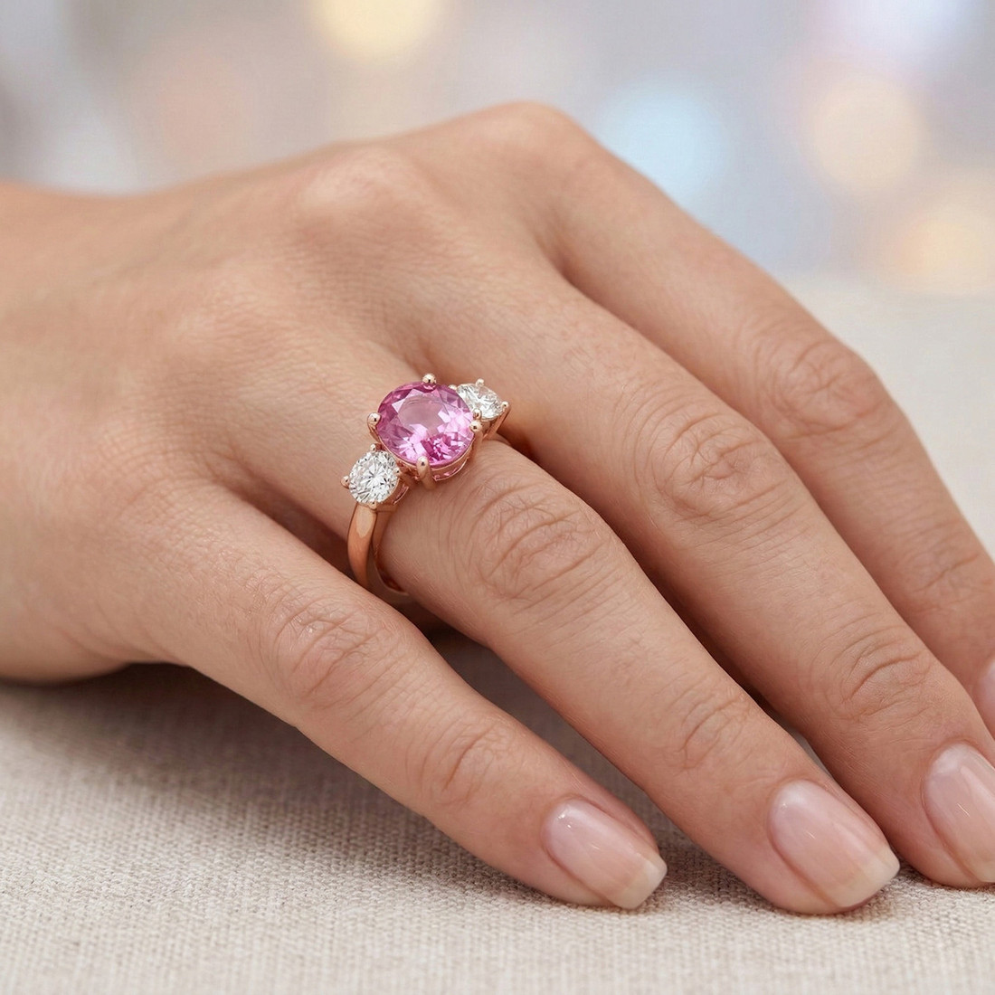 Oval Pink Sapphire & Diamond 3 Stone Engagement Ring 14k Rose Gold