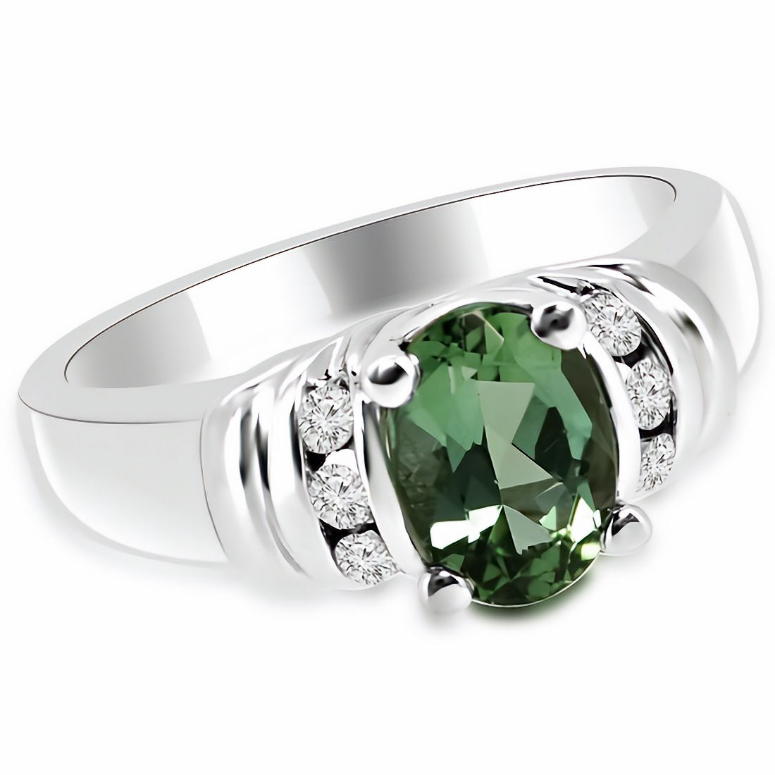 Oval Green Tourmaline Diamond Engagement Bridal Ring