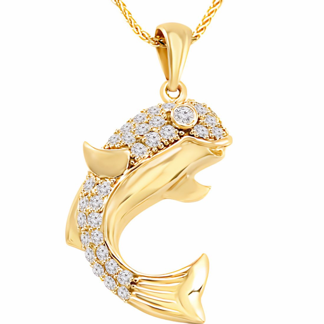 Pave-Set Diamond Fish Pendant Necklace 14k Gold