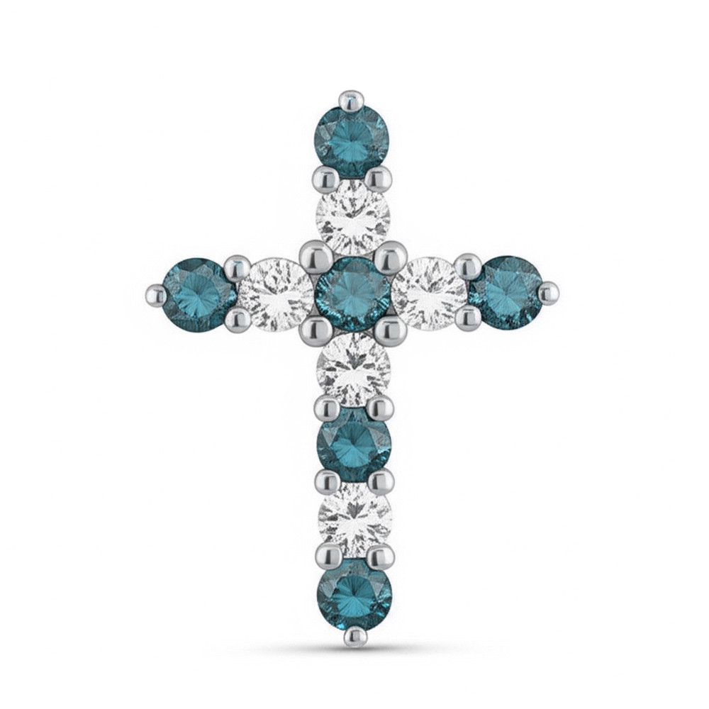 Blue and White Diamond Cross Pendant 14k White Gold