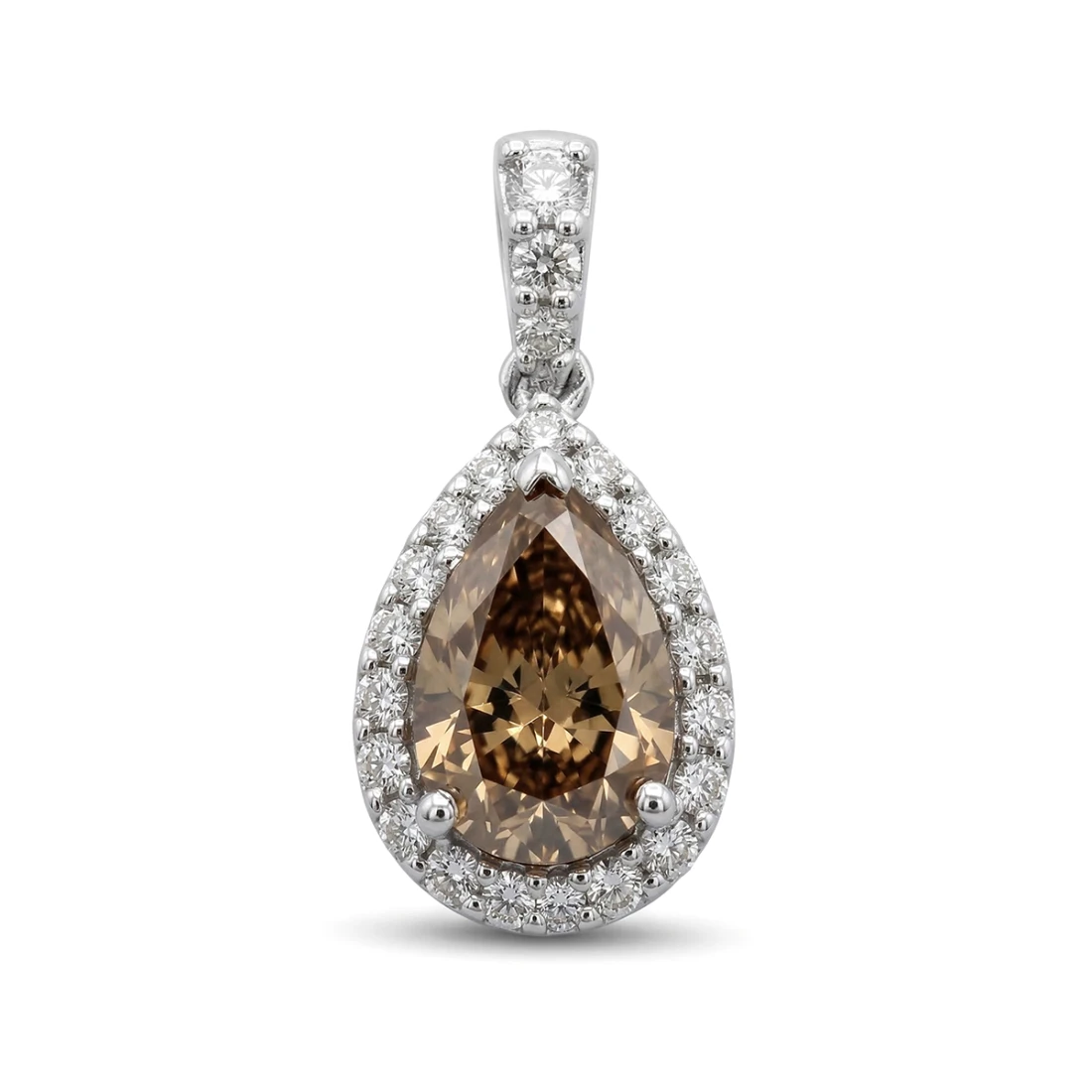 Pear Cut Champagne Brown Diamond Halo Pendant Necklace