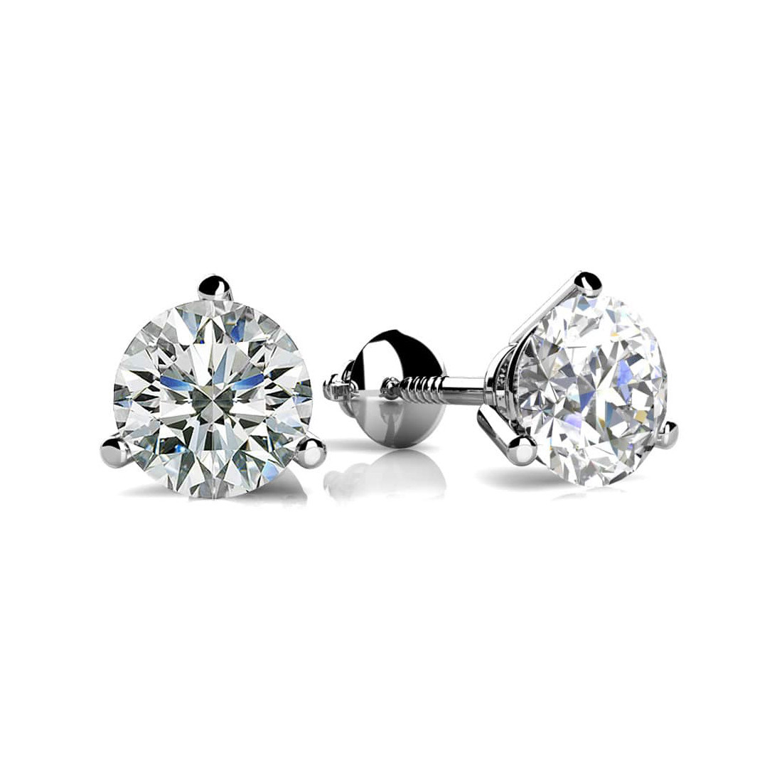 Two Carat Natural Diamond 3-Prong Stud Earrings Martini-Glass Style 14k White Gold