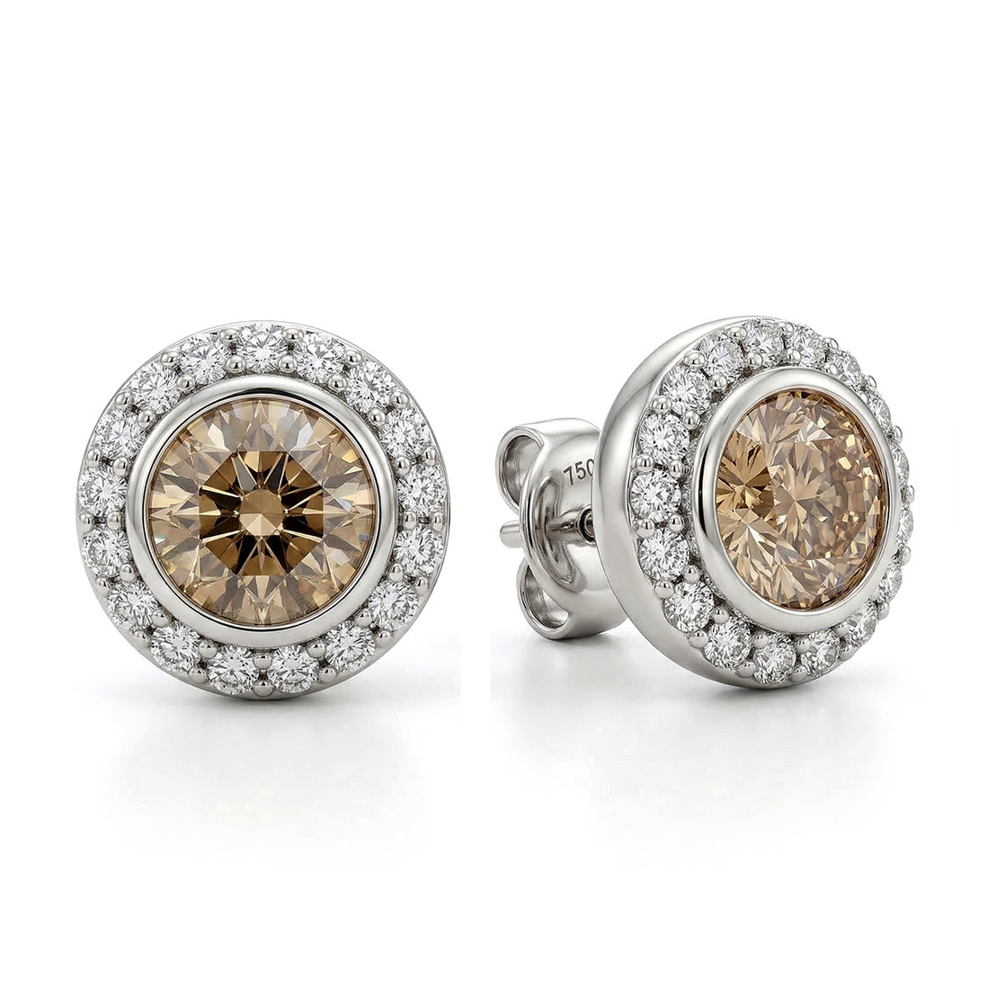 Fancy Champagne Brown Diamond Halo Stud Earrings 18k White Gold