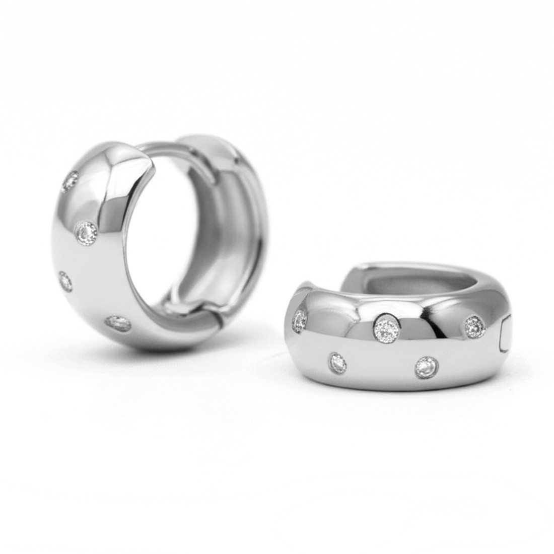 Fine Scattered Diamond Hoop Huggie Earrings 14k White Gold