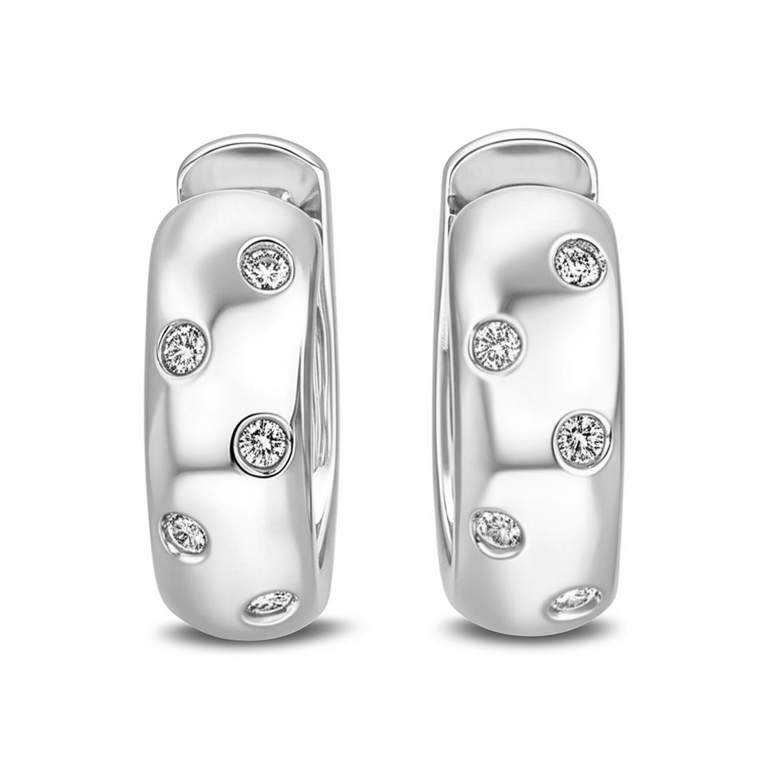 Scattered Diamond Hoop Huggie Earrings Polished 14k White Gold
