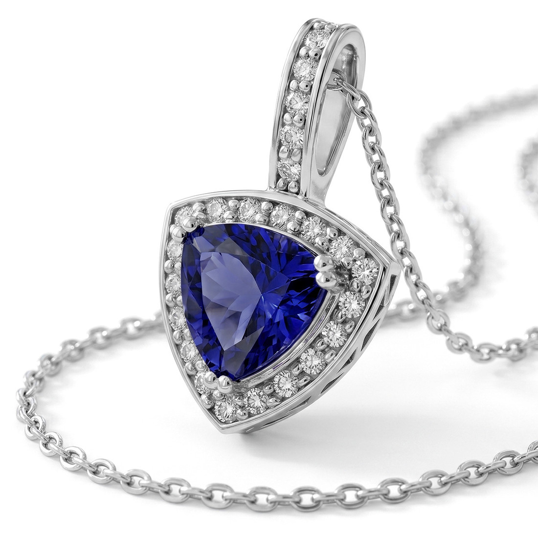 Triangular Tanzanite and Diamond Halo Pendant Necklace 14k Gold