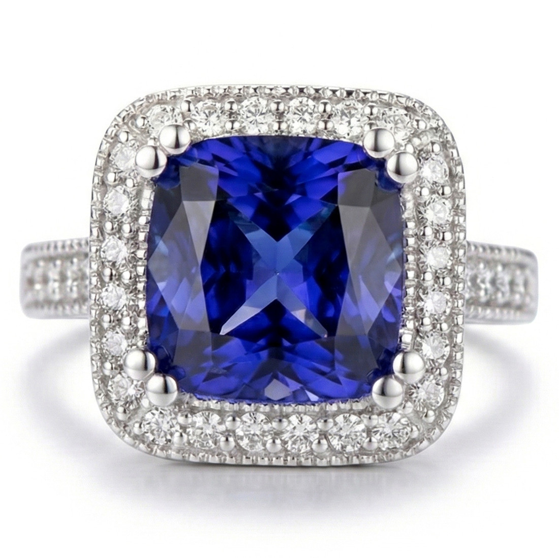 Large Cushion Tanzanite and Diamond Halo Statement Ring Vintage Style