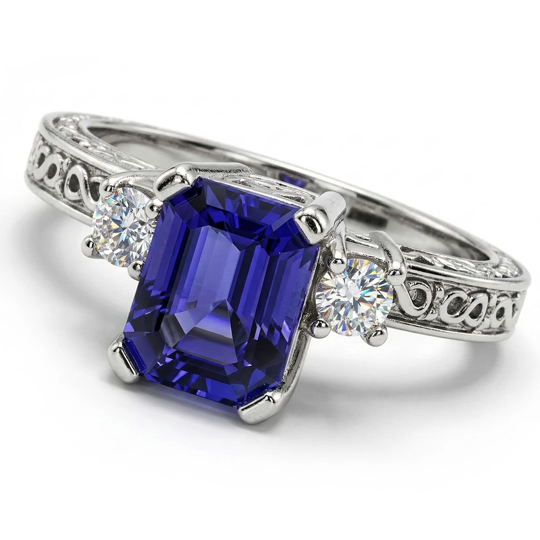 Emerald-Cut Tanzanite and Diamond 3-Stone Engagement Ring Vintage Style