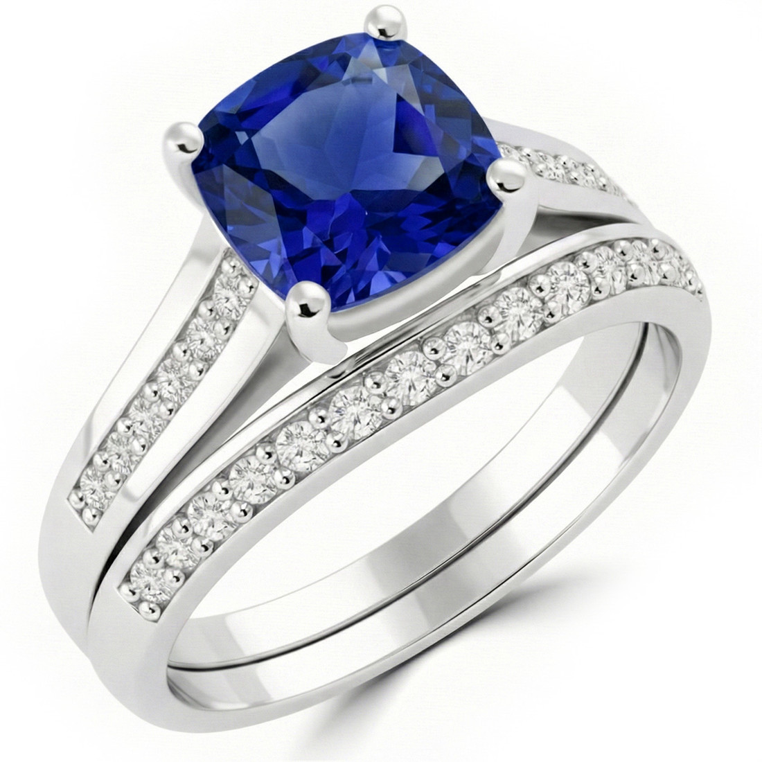 Cushion Cut Tanzanite and Diamond Engagement Ring Set