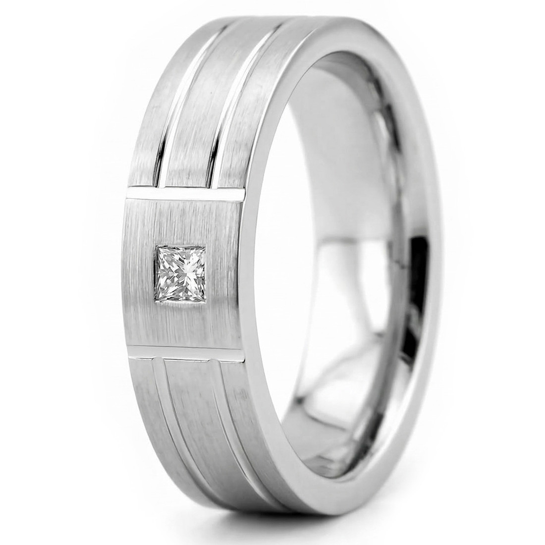 Princess-Cut Diamond Men's Solitaire Wedding Ring Satin 14k White Gold Band