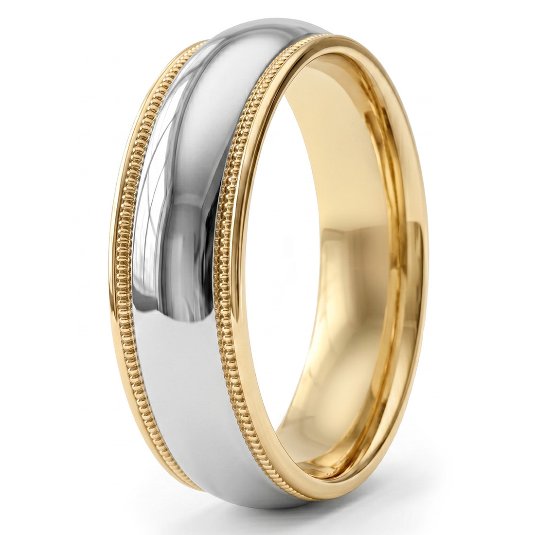 Traditional 14k Two Tone Gold Wedding Band Polished Ring With Milgrain
