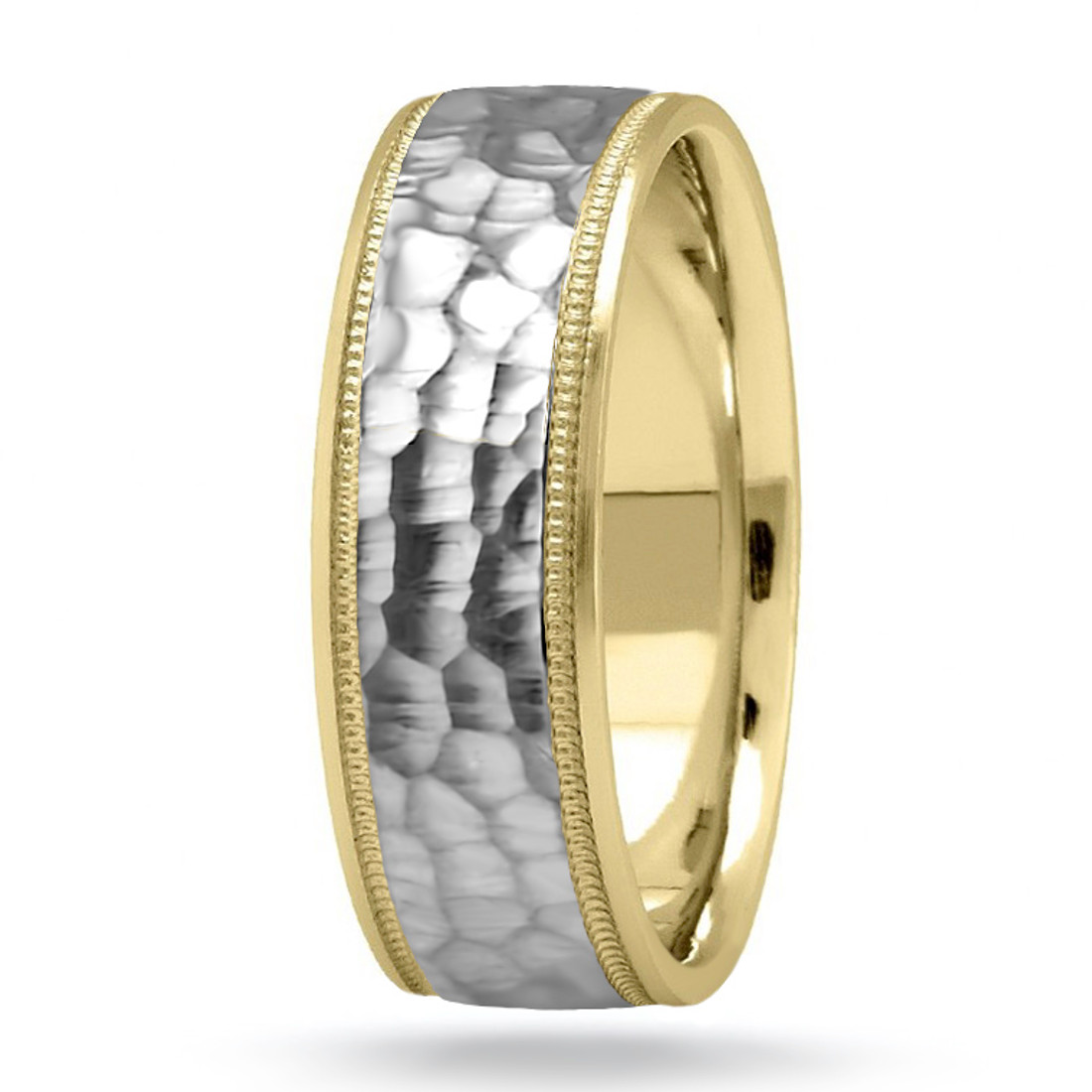 Hammered 14k Two-Tone Wedding Band Comfort Fit Ring