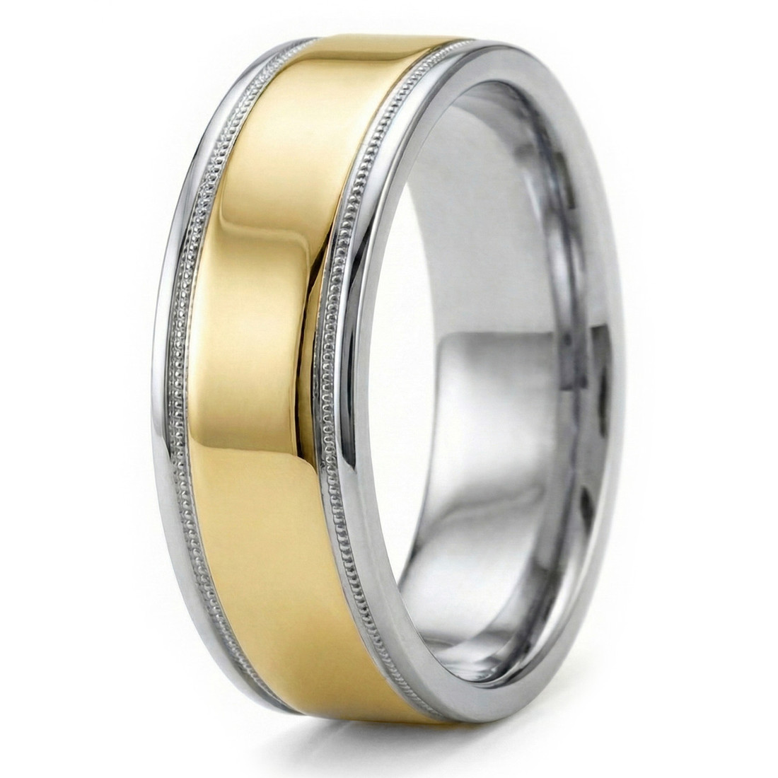 Polished 14k Two-Tone Gold Wedding Band Men's Ring With Milgrain