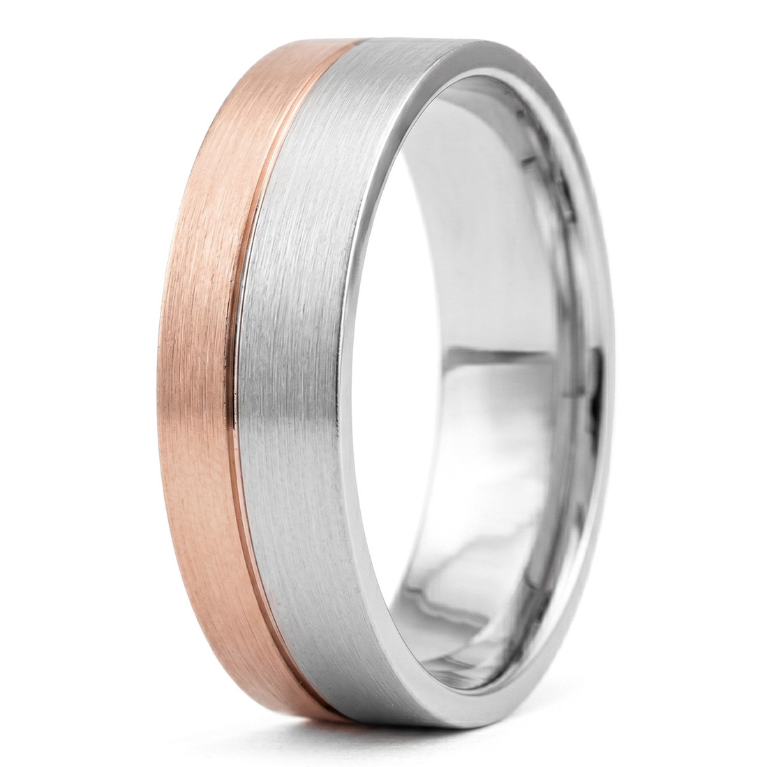 14k Satin 2-Tone Gold Wedding Band Modern Off Centered Design