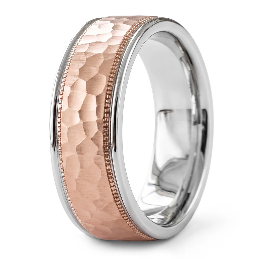 Hammered 14k White / Rose Gold Wedding Band Men's Two-Tone Ring