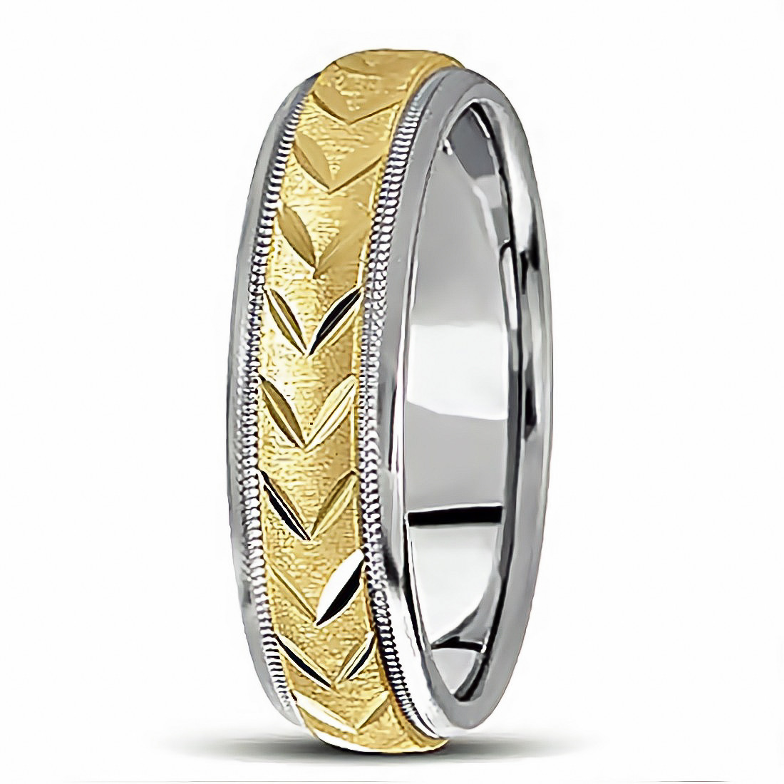 Leaf Wedding Band Diamond-Cut 14k Two Tone Gold Ring