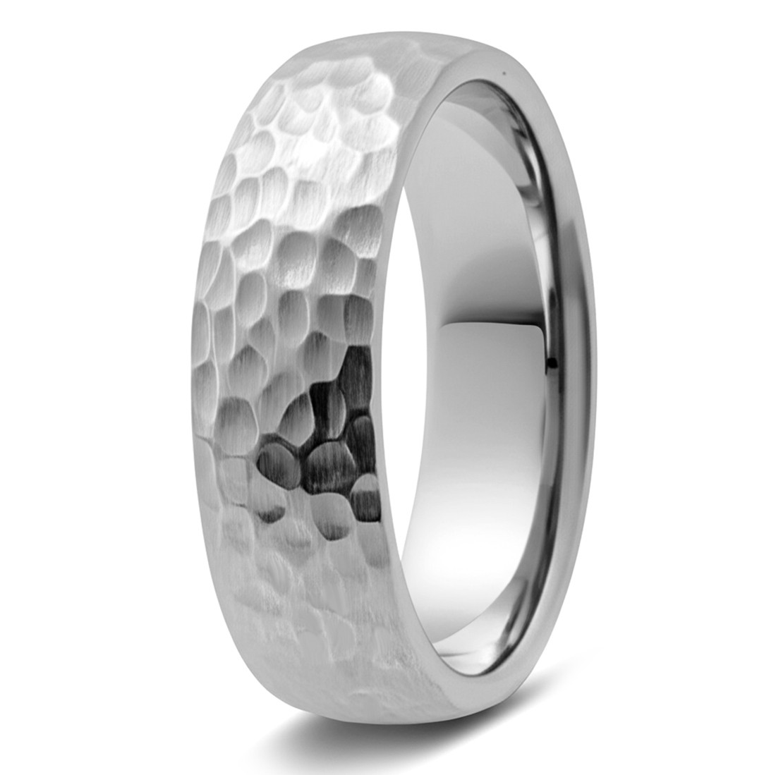 All-Hammered Domed 14k White Gold Wedding Band
